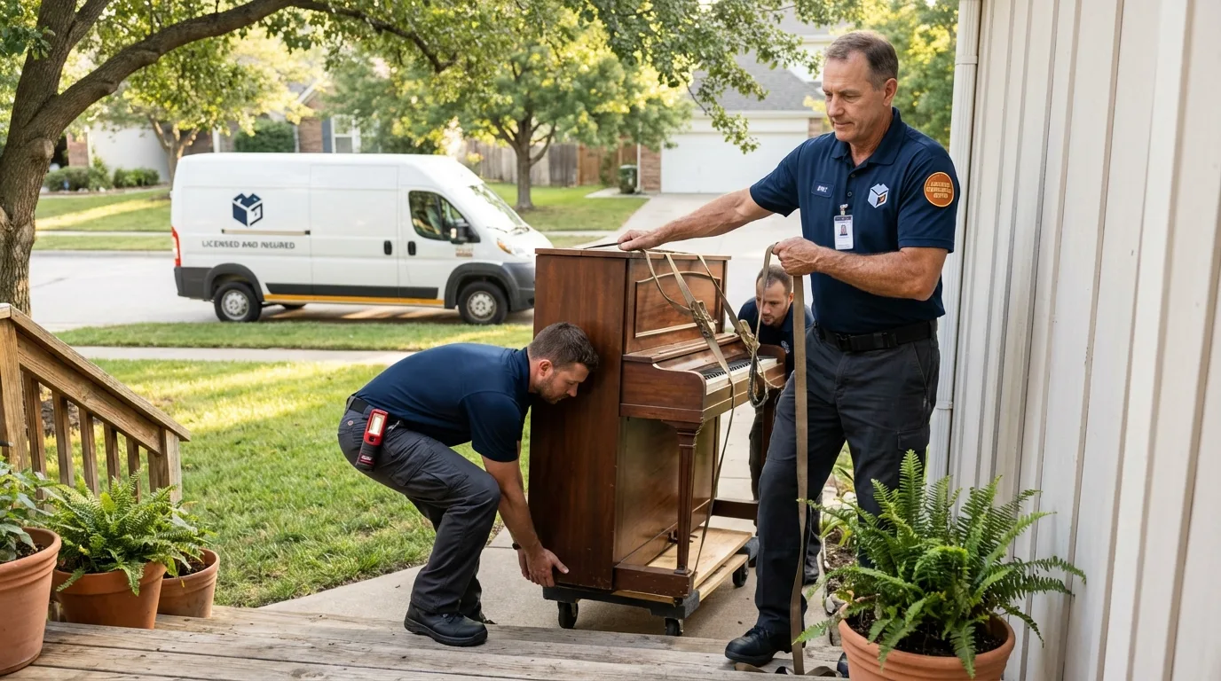 Licensed piano movers securing grand piano in Rolling Fork, MS